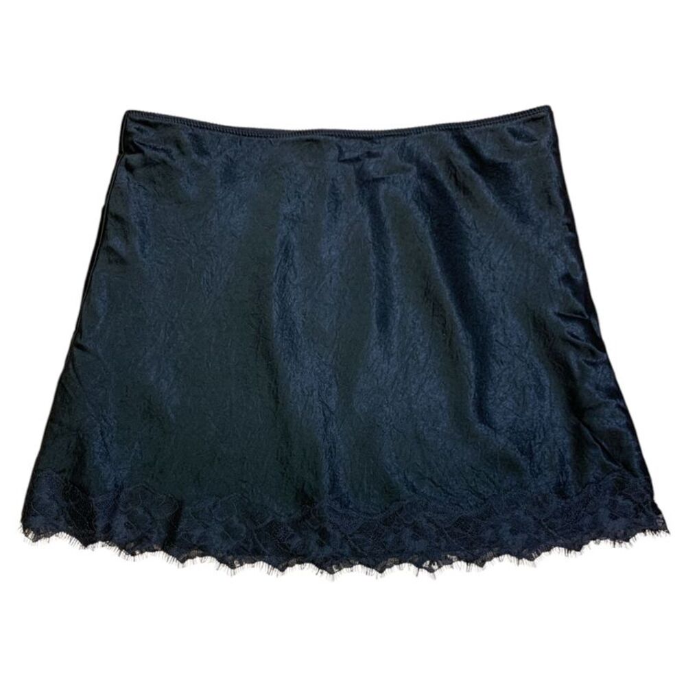 Black - Express Women's Satin Mini Skirt with Scalloped Lace Hem and Eyelash Tri
